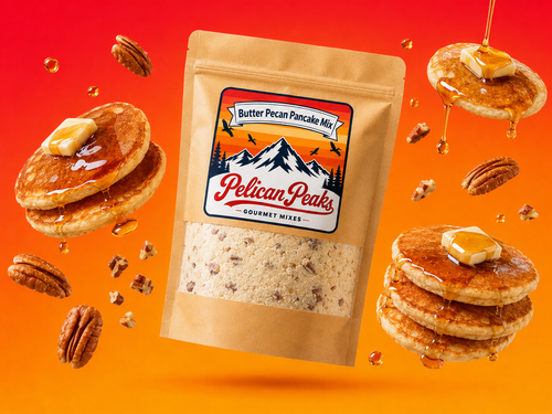 Pelican Peaks Butter Pecan Pancake Mix pouch with pancakes, syrup, and pecans