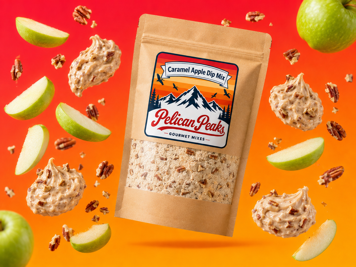 Pelican Peaks Caramel Apple Dip Mix pouch with apple slices, pecans, and dip