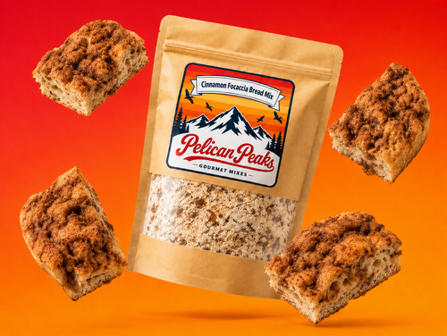 Pelican Peaks Cinnamon Focaccia Bread Mix pouch with cinnamon focaccia pieces