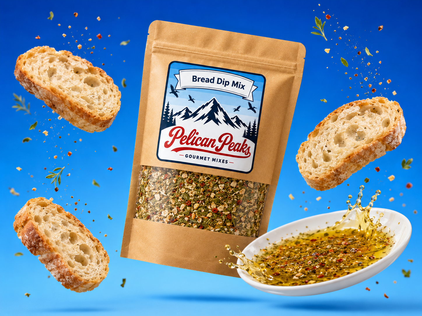 Pelican Peaks Bread Dip Mix pouch with bread, herbs, and dipping oil