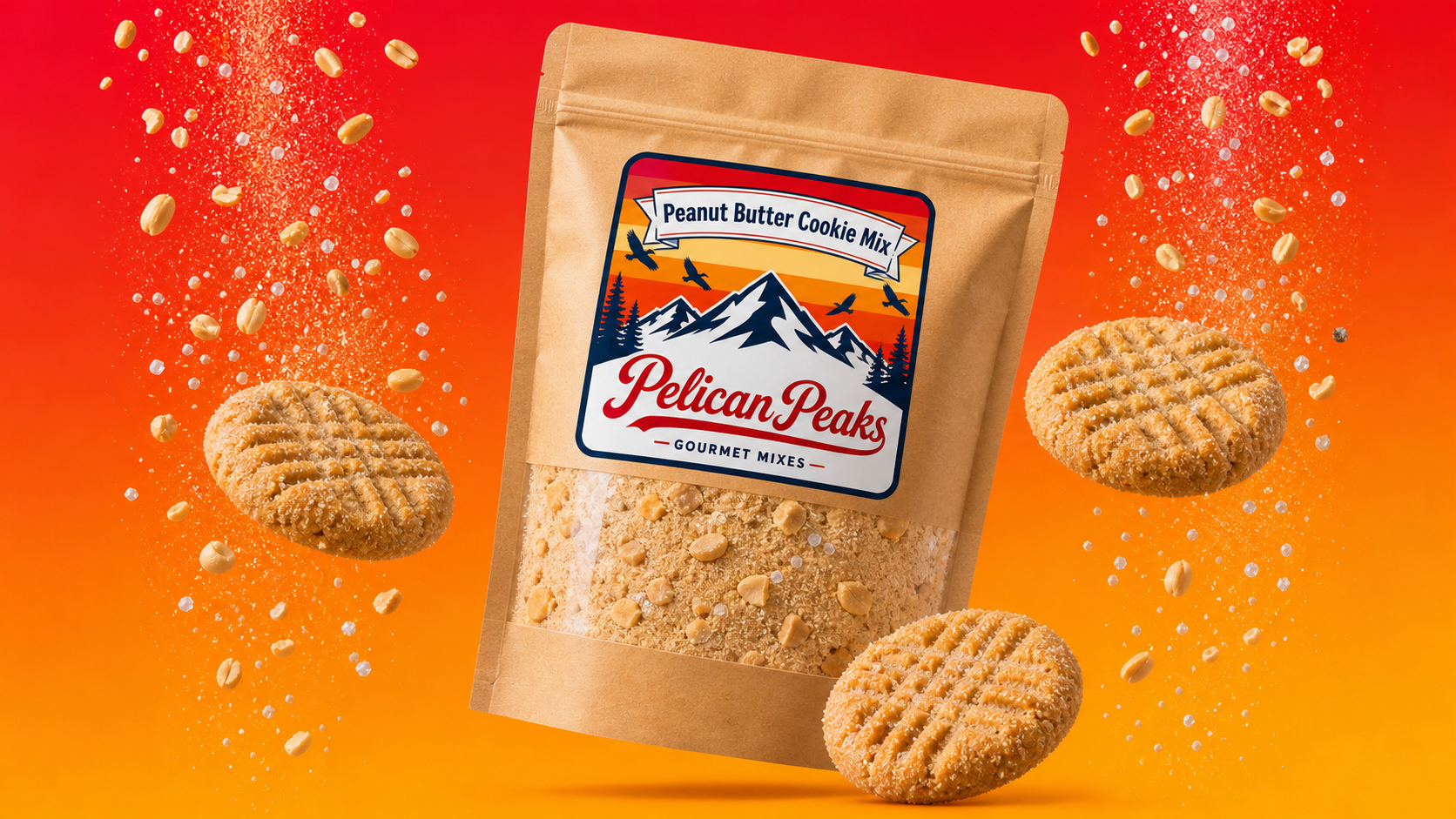 Pelican Peaks Peanut Butter Cookie Mix pouch with peanut butter cookies