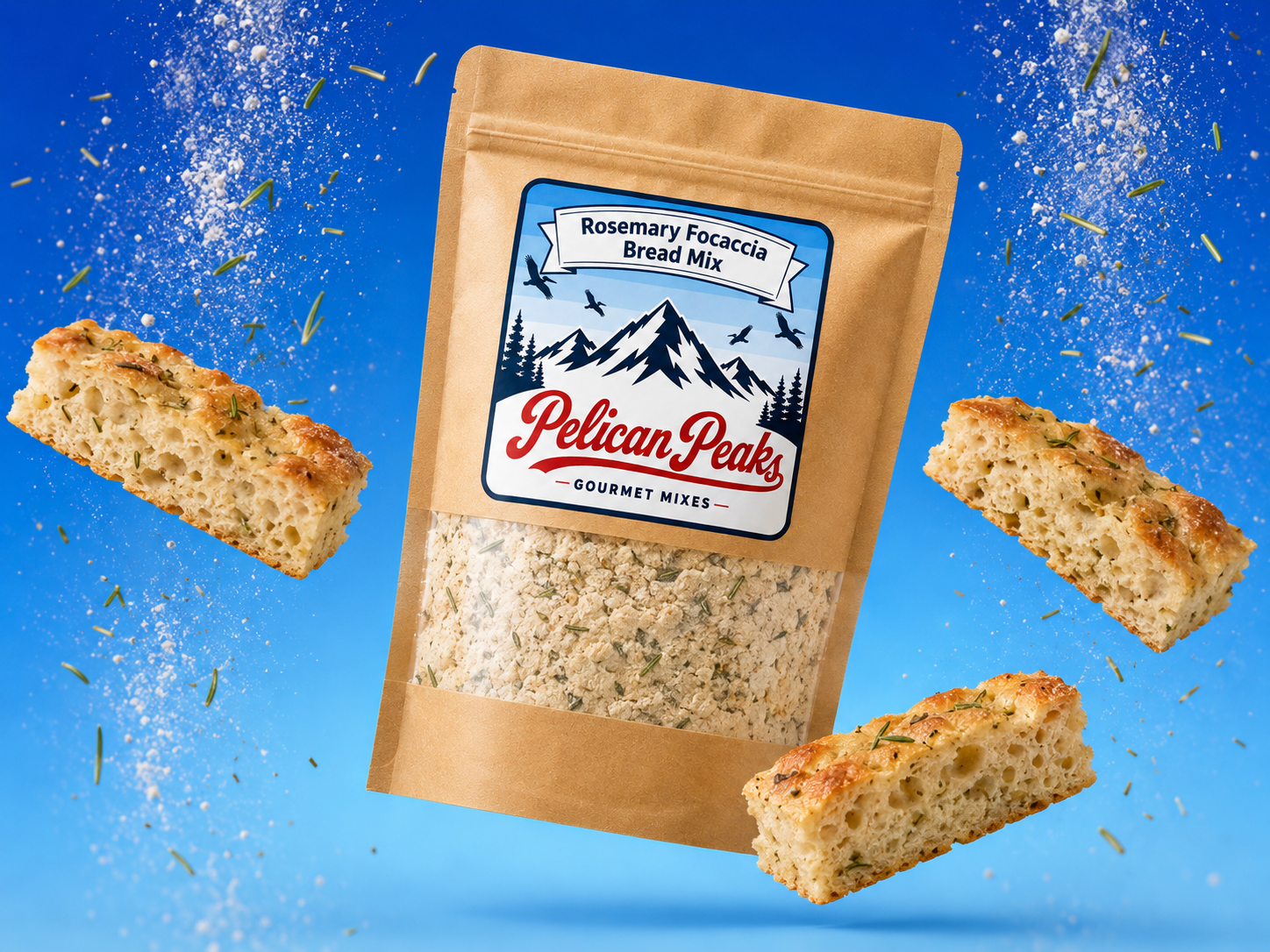 Pelican Peaks Rosemary Focaccia Bread Mix pouch with rosemary focaccia pieces