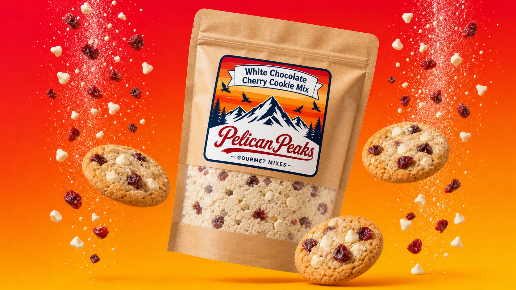 Pelican Peaks White Chocolate Cherry Cookie Mix pouch with cherry cookies